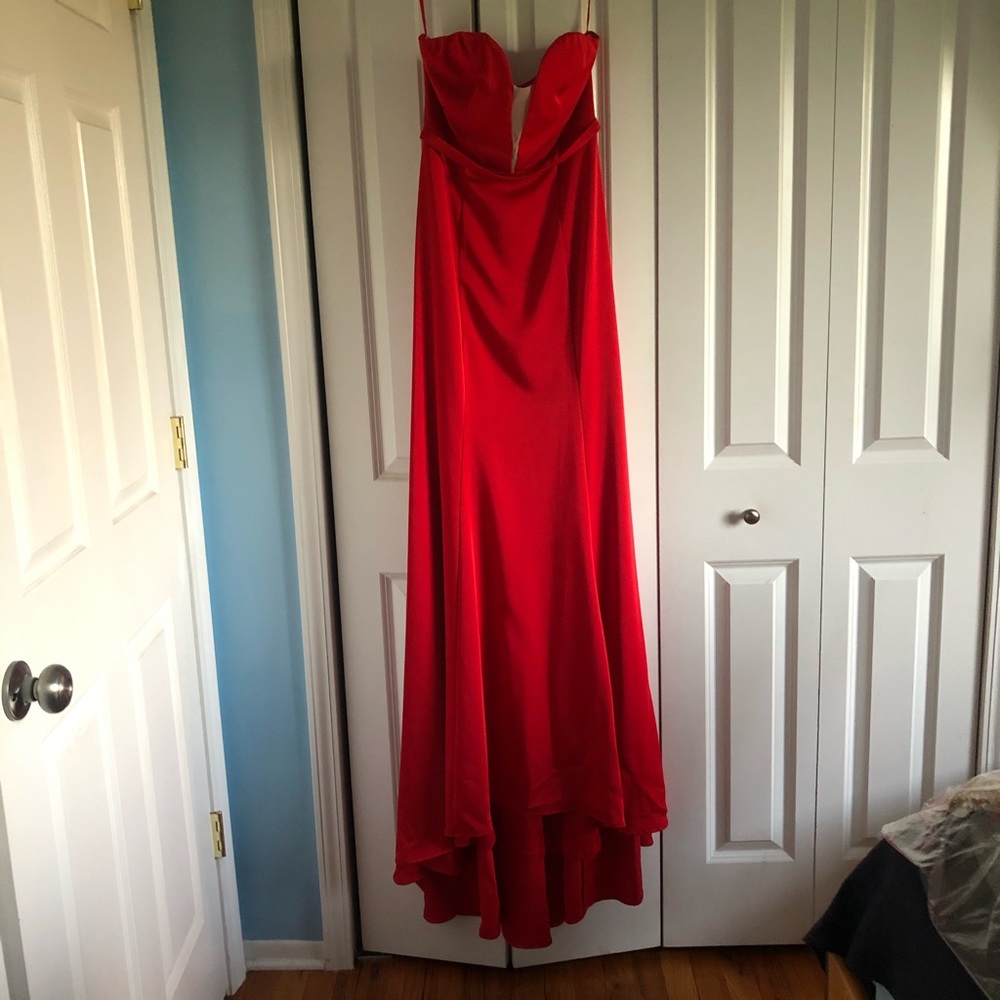 Red strapless dress